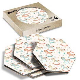 4 x Hexagon Coasters - Rocking Horse Pattern Baby Boy Girl Kids Cork Backed MDF Glossy Tea Coffee Accessory #170856