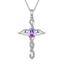 JiaYang Silver Angel Wings Cross Pendant Purple Infinity Cross Necklace for Women AAAAA Cubic Zirconia Infinity Cross Necklace Religious Cross Jewellery Christian, Sterling Silver