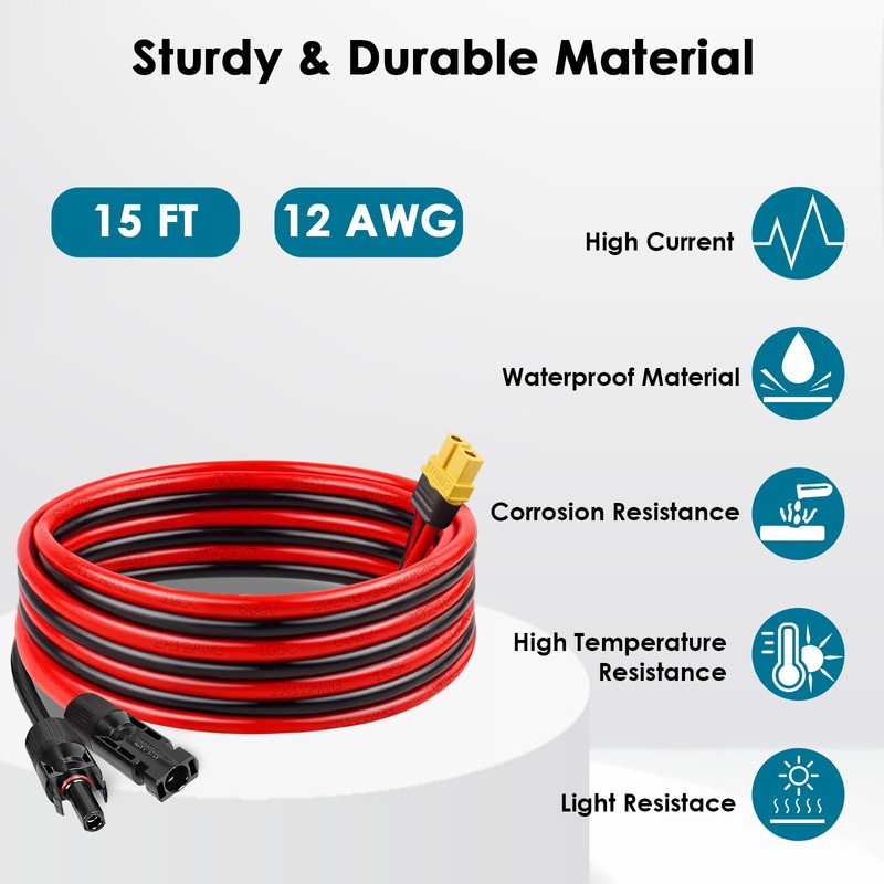 MOOKEERF Solar to XT60 Charge Extension Cable 15FT 12AWG XT60