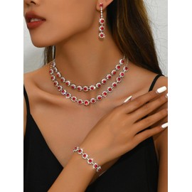Kprusoian Rhinestone Prom Jewelry Set for Women Sparkly Crystal Necklace Earrings Bracelet Set Wedding Brides Bridesmaid Jewelry Sets Costume Accessories (Red Jewelry Set)