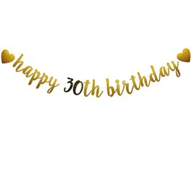 Happy 30th Birthday Banner, Pre-Strung,Gold and Black Glitter Paper Garlands Banner for 30th Birthday Party Decorations Supplies, Letters Gold and Black,Betteryanzi