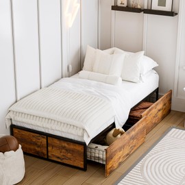 GAZHOME Twin Bed Frame with 2 XL Storage Drawers, Metal Platform Bed Frame with Footboard, 9 Strong Metal Slat Support/No Box Spring Needed/Easy Assembly/Space Saving Wood