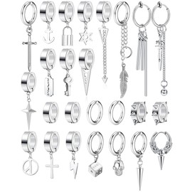 Kakonia 25 Pcs Clip on Earrings for Men Women - Stainless Steel Cross Chain Dangle Black Fake Non Pierced Huggie Hoop Set