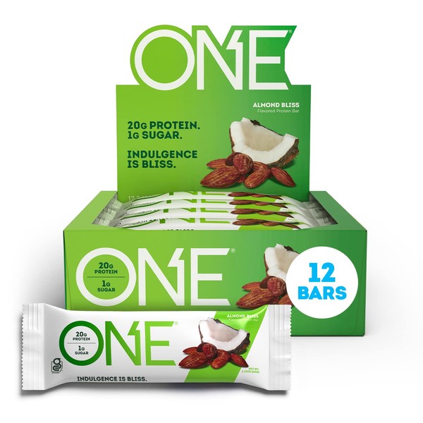 ONE Protein Bars, Almond Bliss, Gluten Free Protein Bars with 20g Protein and only 1g Sugar, Guilt-Free Snacking for High Protein Diets, 2.12 oz (12 Pack)