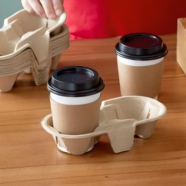 OCS Parts 10-Pack Disposable 2-Cup Drink Holder Carriers | Pulp Fiber Biodegradable Compostable Heavy Duty Hot and Cold Drink to Go Beverage Carriers for 8-32 Ounce Drinks