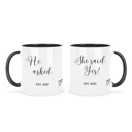 UNIQUEPGIFTS Engagement Gift for Couples Mugs, He Asked She Said Yes, Established 2025, Friends Engaged Keepsake, Congratulations Present, White with Black Handle, Set of 2