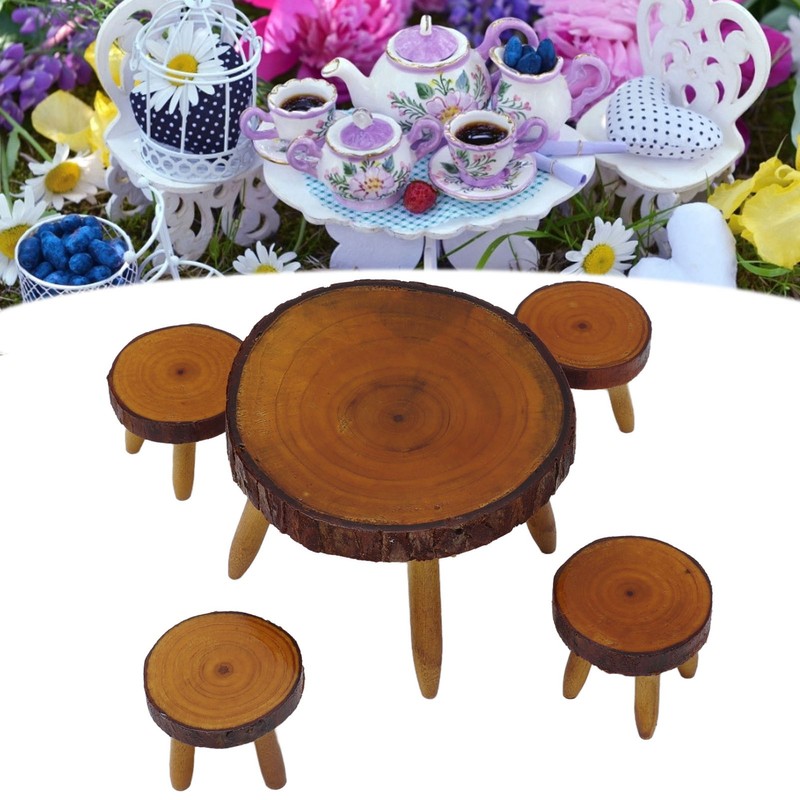 Dollhouse Wood Round Dining Table Chair Mini Miniature Dollhouse Furniture