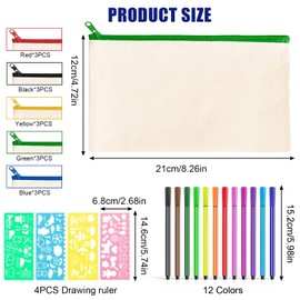 15pcs DIY Blank Fabric Bags, Canvas Pencil Case for Painting, Fabric Bag for Painting, Bags for Painting with 12 Colouring Pencils and 4 Pieces Painting Stencils, for Travel Make Up Bags, Storage