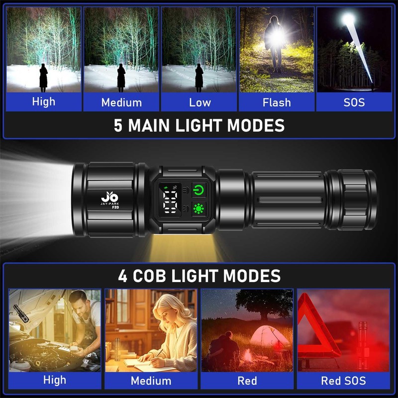 JAY-PARK Flashlights High Lumens, Rechargeable Flashlight 10000 Lumens with Magnetic,