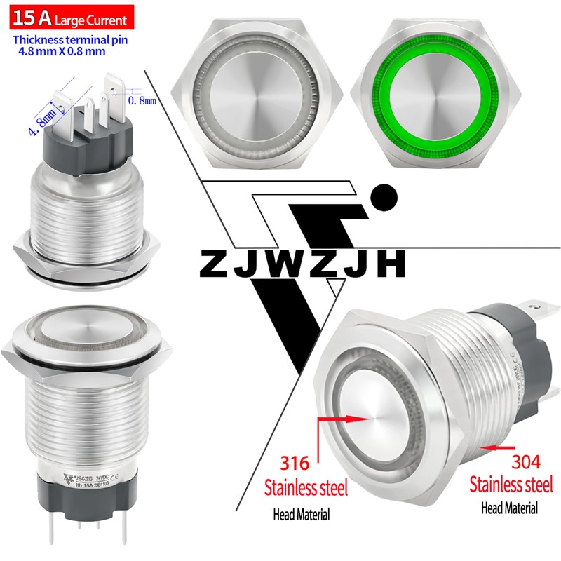 UL Listed 15Amp 19mm Momentary Push Button Switch, IP67 Waterproof,