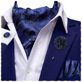 Hi-Tie Ascot Lapel Pin Set Mens Cravat Ties for men Wedding Scarf Tie Party Business Formal Tuxedo,Dark Blue Flower