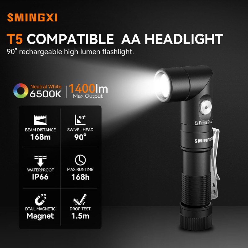 SMINGXI T5 1400 Lumens Rechargeable LED Flashlight, 90 Degree Adjustable