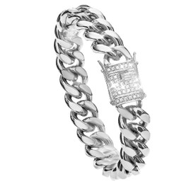 WinTrend Cuban Link Chain Necklace or Bracelet with Bling Bling Cubic Zirconia Iced-Out Clasp for Men 12mm Silver Stainless Steel Hip Hop Miami Curb Chains 7.5-30 inch(12MM, 8")