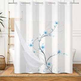 Meiguiman No Hook Shower Curtain with Snap in Liner Blue Watercolor Flowers Plant Shower Curtain with Liner for Bathroom Modern Hotel Fabric Washable 71x74 Inch