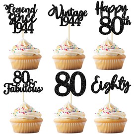 36 piezas de adornos de magdalenas de 80 cumpleaños con purpurina negra, leyenda de 1943 desde 1943, ochenta púas de magdalena feliz 80 y 80 fabulosos adornos para cupcakes para fiestas de cumpleaños 80