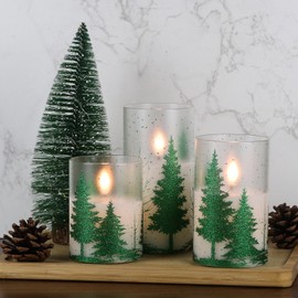 DRomance Christmas Tree Glass Flameless Candles with Remote Timer Battery Operated Real Wax 3D Wick LED Flickering Pillar Candles Christmas Holiday Decor(Green, 3 x 4,5,6 Inch)