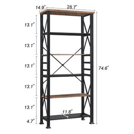 HOMBAZAAR 6 Tier Bookshelf,74 Inch Tall Industrial Bookshelf with Metal Frame and Open Shelves,Rustic Heavy Duty Bookshelves and Bookcases,Metal Book Shelf for Office,Living Room and Bedroom,Brown.