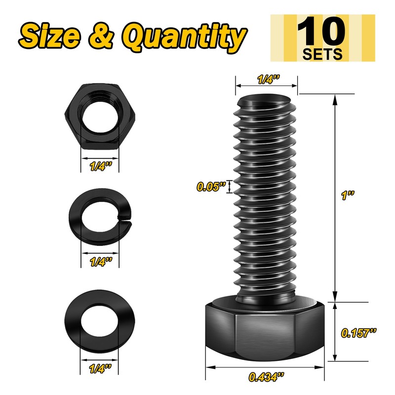 Mywish (10 Sets) 1/4-20 x 1 Hex Head Stainless Steel