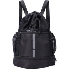 Risipu Drawstring Gym Bag for Men, Waterproof Drawstring Backpack for Women, Swim Bag with Shoes Compartmentand Reflective Strips, Pull String Sport Bag for Soccer and Basketball (Black)