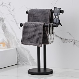 Hand Towel Holder, NEWRAIN Double Countertop Hand Towel Holder Stand, Stainless Steel Free Standing Hand Towel Rack with Heavy Base, for Bathroom Kitchen & Counter top, Matte Black