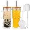 ALINK 24oz Ribbed Glass Cups with Bamboo Lids and Straws,