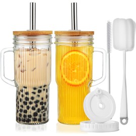ALINK 24oz Ribbed Glass Cups with Bamboo Lids and Straws, 2-Pack Glass Tumbler with Handle, Reusable Iced Coffee Cups, Wide Mouth Mason Jar Boba Smoothie Cups, Drinking Glasses with 2 Brush