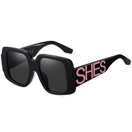 SHES Oversized Square Sunglasses for Women Trendy Womens Sun Glasses Vintage Designer Shades SH2108 (Black Frame Grey Lens)