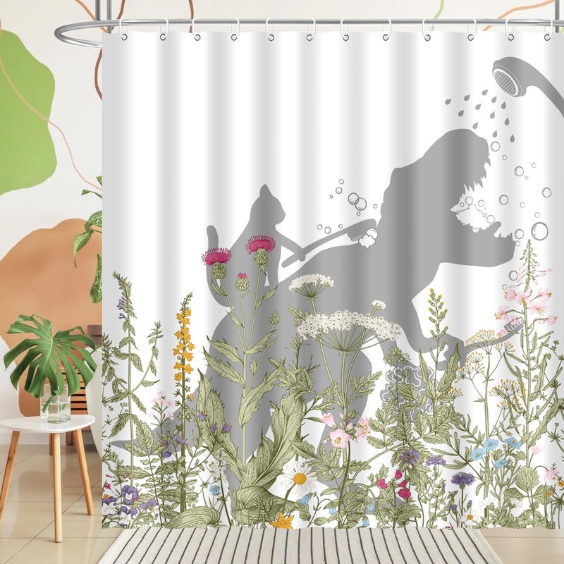 BIYSUC Cat Dinosaur Shower Curtain Funny Cat Help Dino Bathe