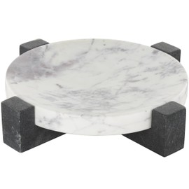 Deco 79 Marble Geometric Living Room Decor Tray Round Ottoman Tray with Black X-Shaped Base, Serving Tray 10" x 10" x 3", White
