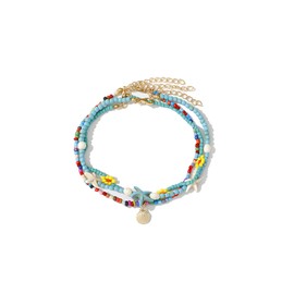 Dtexhif 3 Pcs Boho Beaded Anklets Set for Women Colorful Stackable Puka Shell Anklet Sets Boho Starfish Shell Anklet Elastic Summer Beach Charm Ankle Bracelets for Women (Shell)