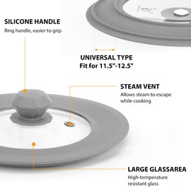 Set of 2 Vented Tempered Glass Universal Lid for Pot Pan Skillet with Heat Resistant Silicone Microwave Splatter Cover Microwave Safe Fit 8" 8.5" 9" and 11.5" 12" 12.5", Light Grey