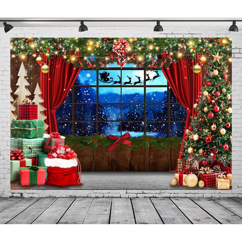 CapiSco Merry Christmas Backdrop - Red Curtains Windowsill Photo Backdrop