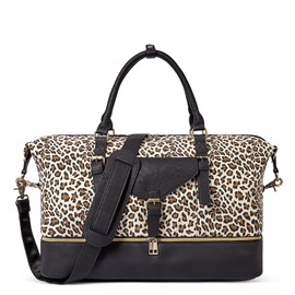 CLUCI Weekender Bag for Women Canvas Large Overnight Travel Duffel Bag with Shoe Compartment Leopard Pattern with Black