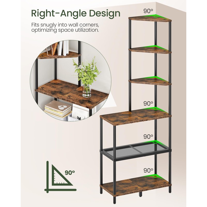 CHOEZON 6-Tier Corner Shelf, Industrial Corner Bookshelf with Desk Top,