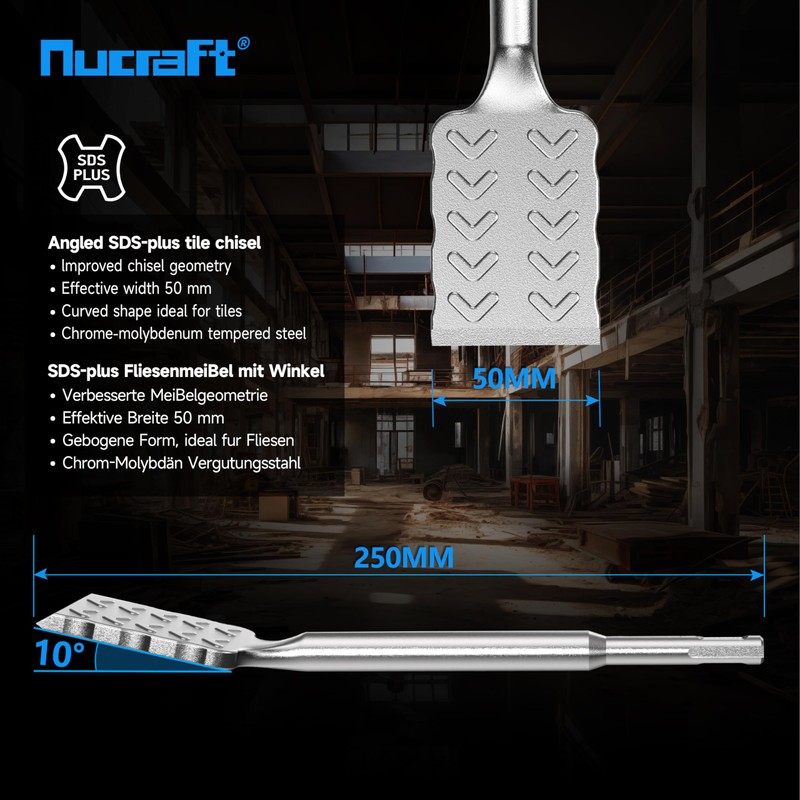 Nucraft SDS-Plus Fliesenmeißel, 250 mm x 50 mm, 10° gebogener