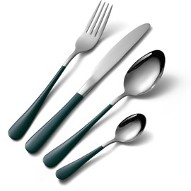 Novasteel 24-Piece Stainless Steel Silverware Set, 6-Person Flatware Set with Eco-Friendly Green Coated Handles, Dishwasher Safe and Rust Resistant, Silver