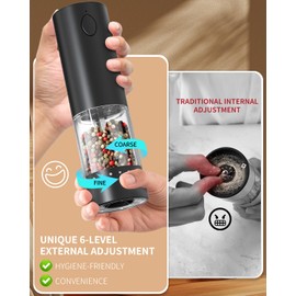 CIRCLE JOY Rechargeable Electric Pepper Grinder, Salt Grinder Pepper Mill with Washable 95ml Container, White LED Light and External Adjustable Coarseness, Black