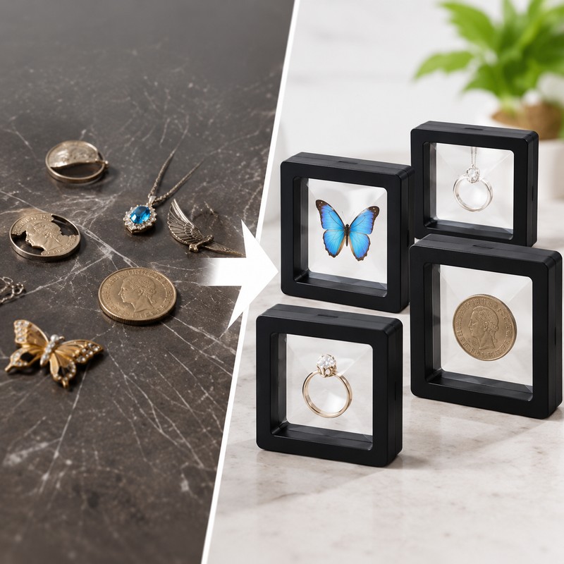Clear Floating Display Cases for Jewelry, Coins, Gemstones & Collectibles