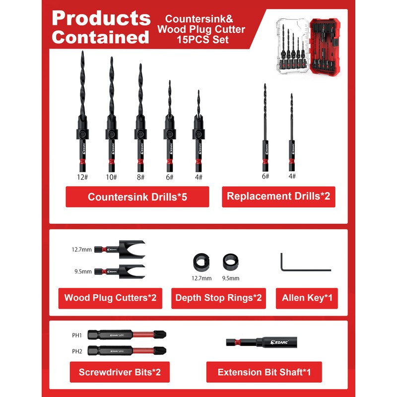 EZARC Countersink Drill Bit Set, 15 PCS Tapered Drill Bits