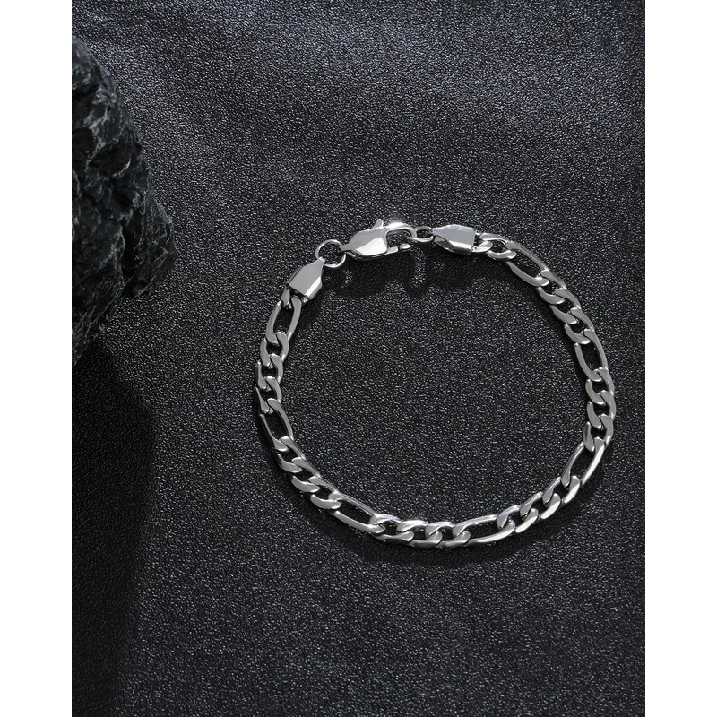 LuxGoth Stainless Steel 5 mm Figaro Link Chain Bracelet (7