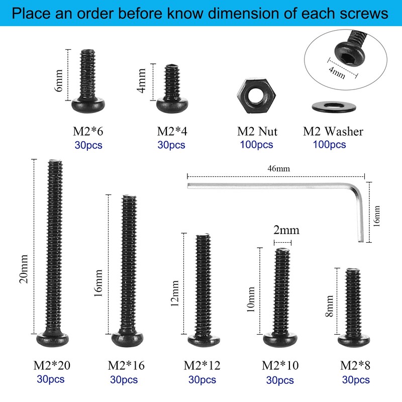 FandWay 410Pcs M2 Button Head Hex Socket Screws,10.9 Grade Alloy