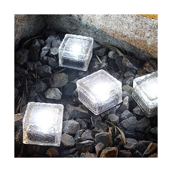 Horing Solar Glass Brick Light - Solar Ice Cube LED Light - Crystal Brick Stone Lamp Garden Courtyard Pathway Patio Pool, Decorative Christmas Festives Ice Rock Cube Lights (4PCS White)