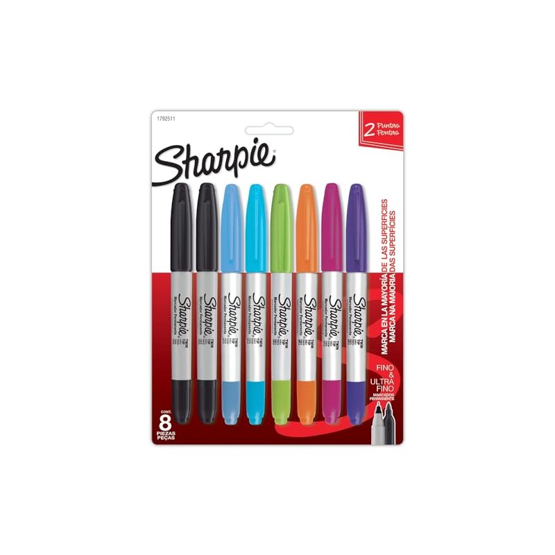 Sharpie Marcadores Permanentes, Doble Punta, Surtidos, 8 Piezas