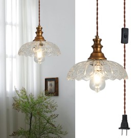 Latinulu Plug in Pendant Light Industrial Pendant Lighting with Plug in Cord 9.8ft Hanging Lamps Clear Glass Shade ‎Bronze Light Fixture for Living Room Kitchen Dining Room Bedroom