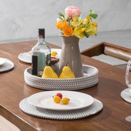 Art PineCone Round Placemats Set of 4, Woven Cotton Rope Chargers for Dinner Plates, Non-Slip, Heat Resistant Table Decor, Boho Farmhouse Kitchen Decor (Gray & White Mélange, 13 inch)