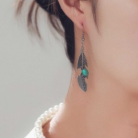 Cybche Boho Turquoise Leaf Drop Earrings Silver Leaf Turquoise Earrings Tribal Feather Dangle Hook Earrings Ethnic Feather Dangle Earrings Jewellery For Women, Zinc, No Gemstone
