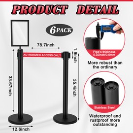 Therwen 6 Pack Heavy Duty Crowd Control Stanchions 9.8 ft Stainless Steel Stanchion Set with 6 Safety Barrier Post Retractable Belt and 1 Sign Holder Crowd Control Barrier (Black,Caution Belt)