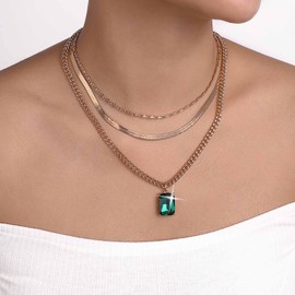 Iaceble Boho Layered Emerald Pendent Necklace Geometric Emerald Necklace Emerald Square Necklace Cz Emerald Choker Necklace Gold Snake Chain Necklace Vintage Curb Chain Necklace Jewelry for Women