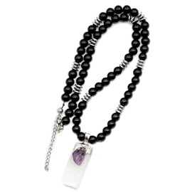 ElisaJewelryArt - Natural Raw Selenite with Amethyst Crystal Pendant Black Onyx Stone Beaded Necklace Genuine Gemstone Protection Stone Necklace Unisex Necklace (22.00, Raw Selenite with Amethyst)
