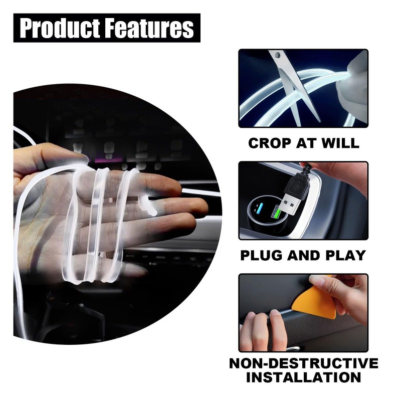 EL Wire Interior Car LED Strip Lights, USB Car Neon